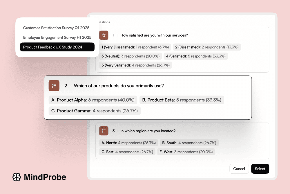 Sidebar showing “Suggested Questions” with titles like “What could improve your experience?” and accept/reject toggles.