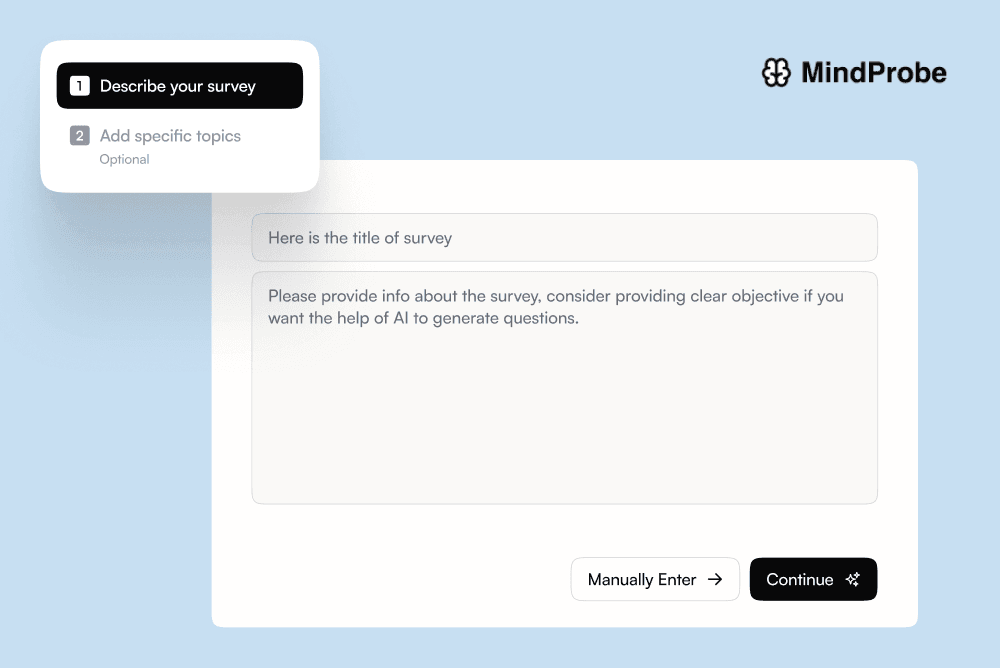 Animated GIF of text prompt appearing (“Pulse survey for remote teams”) and questions flowing into the builder canvas.