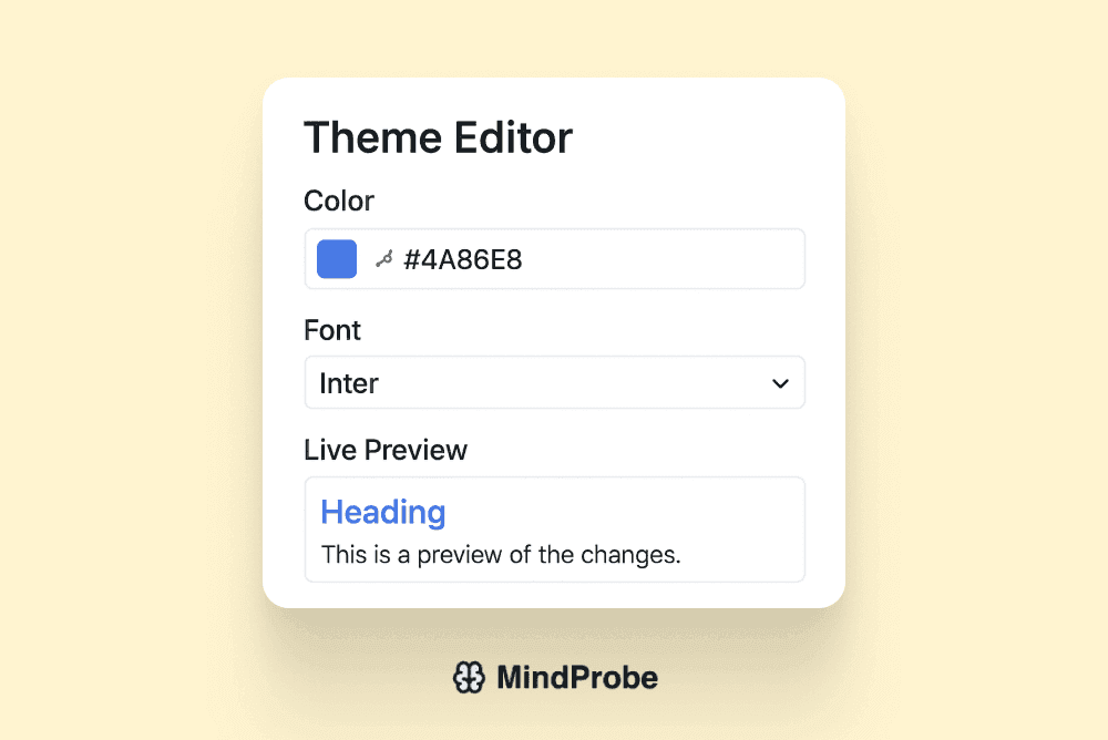 Theme editor panel showing color pickers and font dropdowns.
