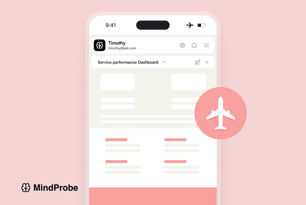 Illustration of a phone in airplane mode capturing answers, then syncing when Wi-Fi icon reappears.