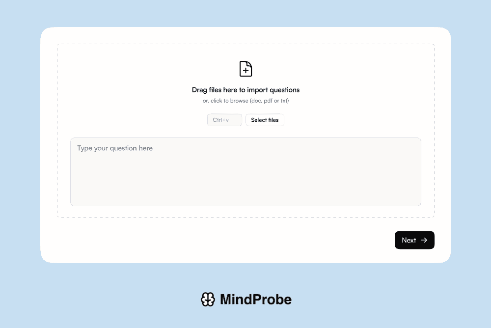 Animated GIF of dragging a CSV into the builder, with slides generating in real time; include MindProbe.ai logo in corner.