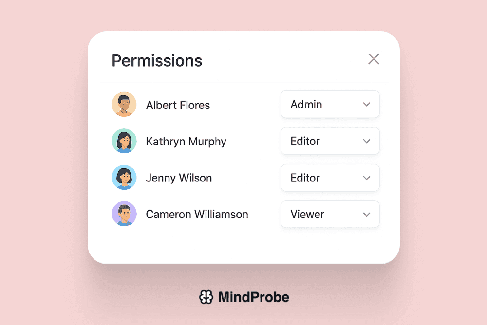 Permissions modal showing role dropdowns next to user avatars
